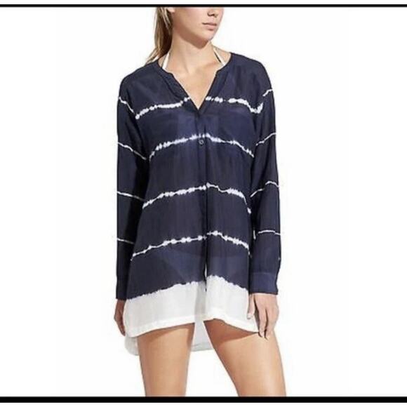 Athleta Blue White Striped Button Up Tie Dye Swim Cover Up Silk Blend Sz M - Picture 1 of 9